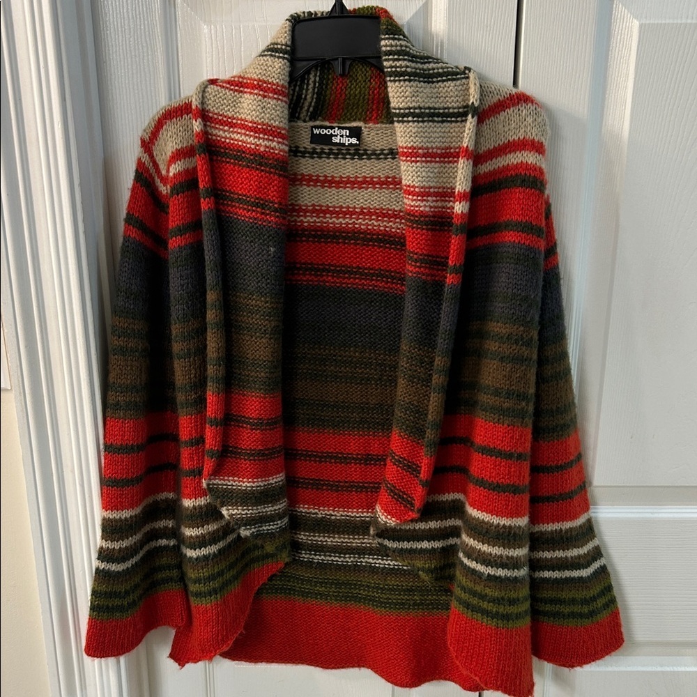 Wooden Ships Red and Green Striped Cardigan Open Sweater SZ M/L